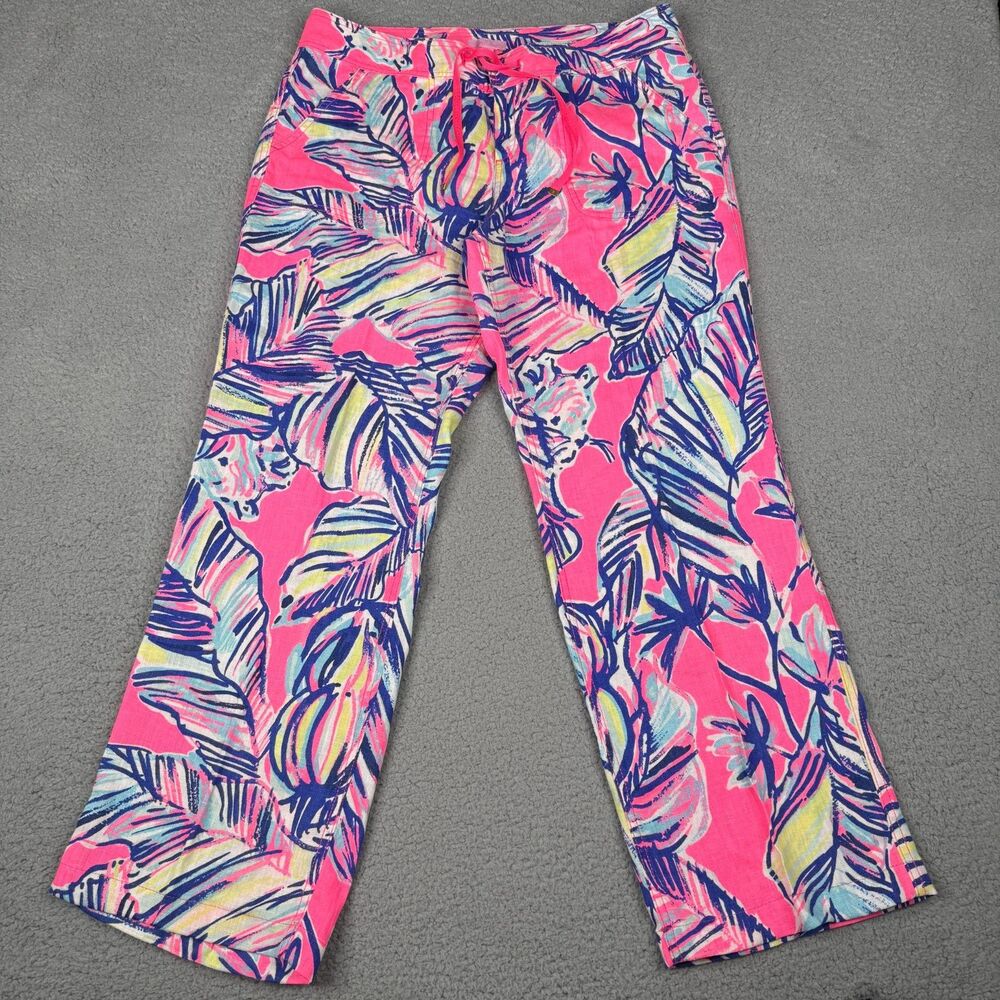 Lilly Pulitzer Galley Linen Pants Womens 10 Tiki Pink Cabana Crazed Resort 23821